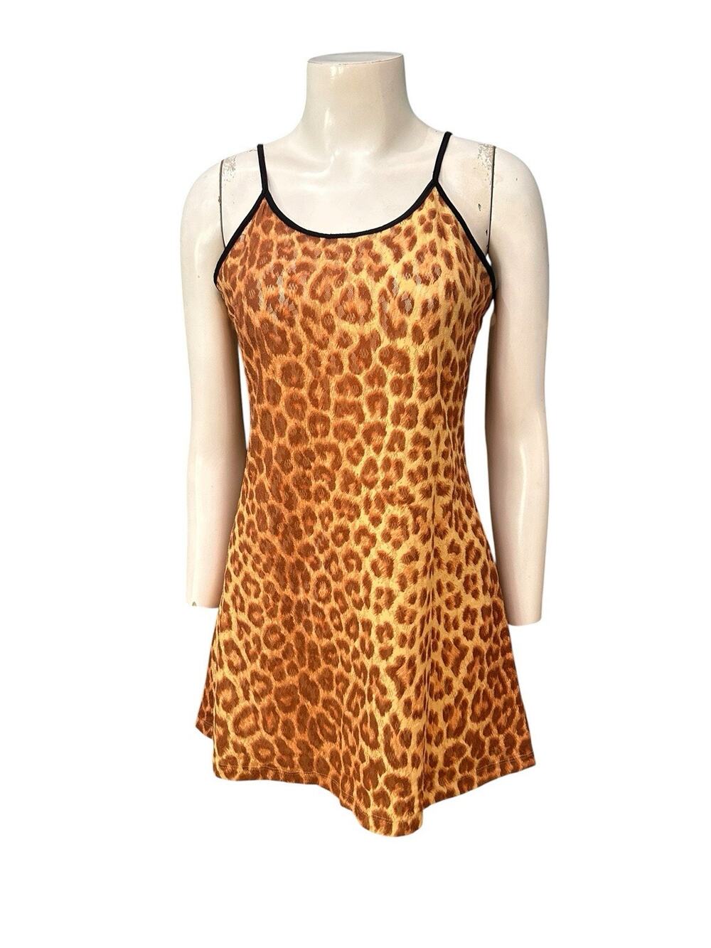 Vintage 90s Leopard Print Mesh Slip Nightgown Lingerie Made USA Small -